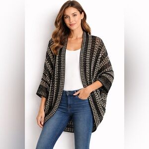 Joan Vass Studio Black Cream Open Weave Lightweight Cocoon Cardigan M